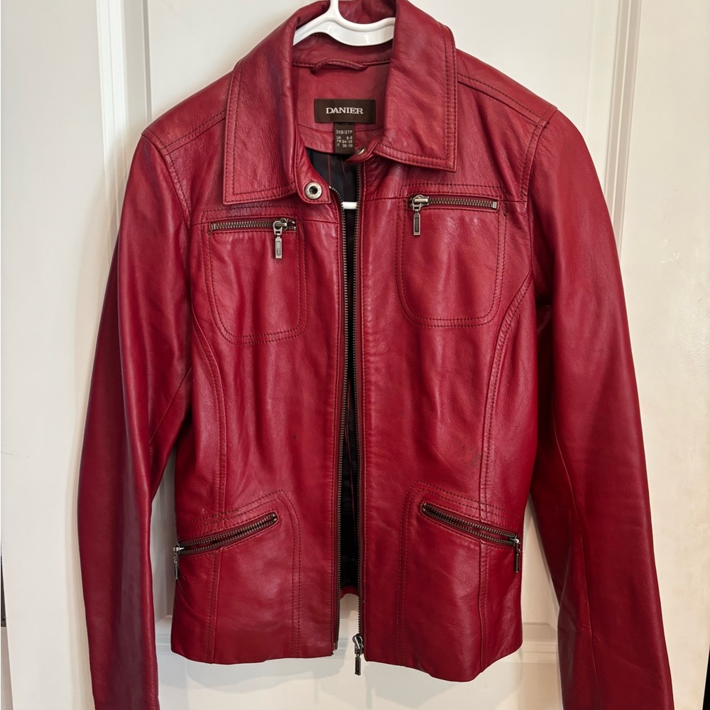Danier Red Leather Zip Jacket with Zip Pockets